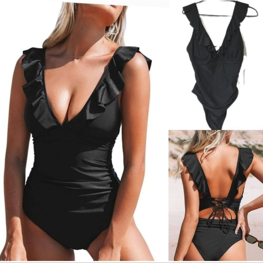 Cupshe Black Ruffle One Piece Swimsuit XL NWT